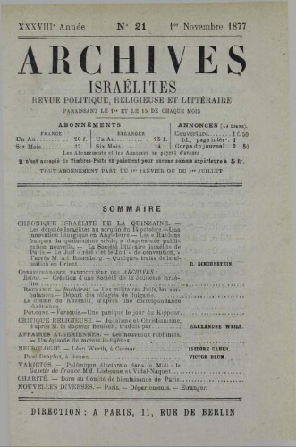 Archives israélites de France. Vol.38 N°21 (01 nov. 1877)